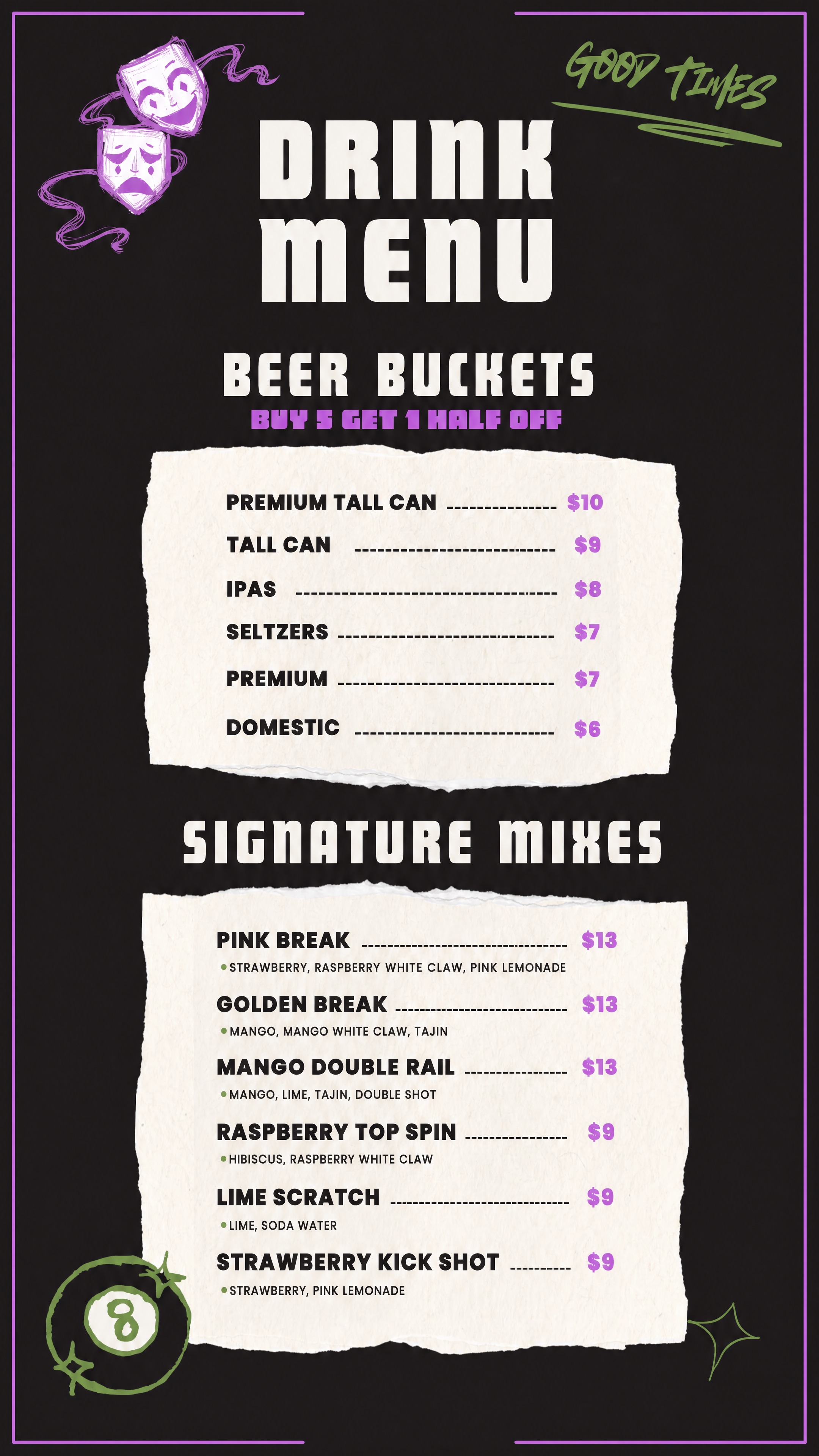 Good Times drink menu — beer buckets and signature mixes